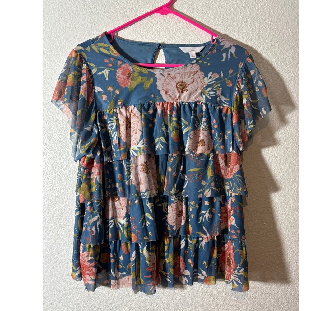 LC Lauren Conrad Size L Blue Floral Tiered Ruffle Flutter Sleeve Blouse Top